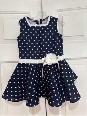 Bonnie Jean Navy Polka Dot Tiered Girls Dress & Matching Coat Size EUC